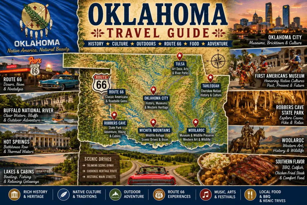 Premium Oklahoma travel guide collage with topographical Oklahoma map state flag pins for Oklahoma City Tulsa Route 66 Tahlequah Robbers Cave Wichita Mountains Woolaroc Native heritage Western culture prairie scenery food and road trip scenes