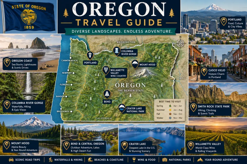 Premium Oregon travel guide collage with pinned state map Portland Oregon Coast Columbia River Gorge Mount Hood Bend Crater Lake Willamette Valley and Oregon flag