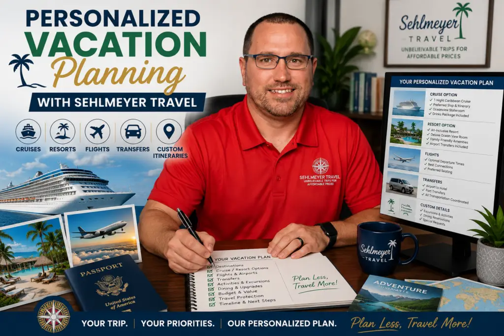 Matt at Sehlmeyer Travel creating a personalized vacation plan with selected cruises, resorts, flights, transfers, and custom trip details