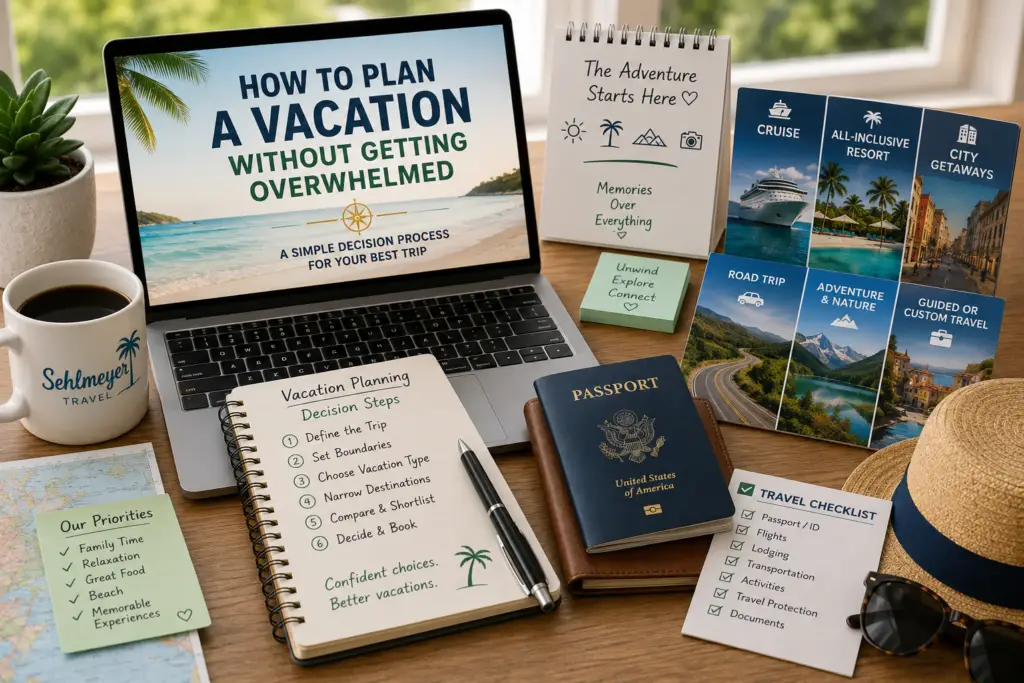 Organized travel planning desk using a simple decision process to narrow several vacation ideas into one confident trip choice