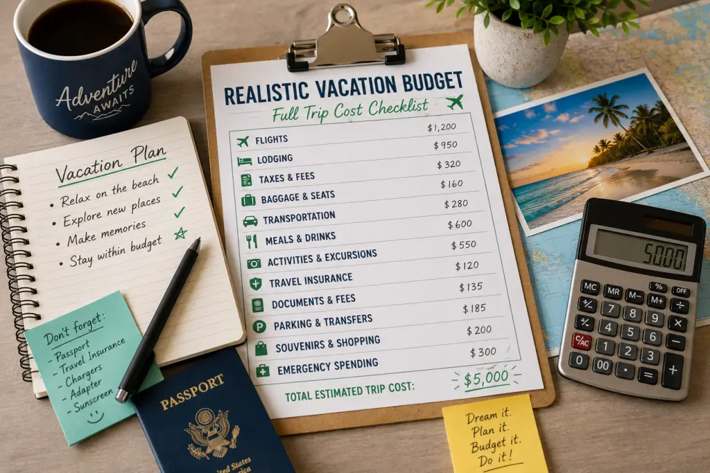 Organized travel planning desk with a realistic vacation budget checklist for flights, lodging, fees, meals, activities, insurance, and emergency spending