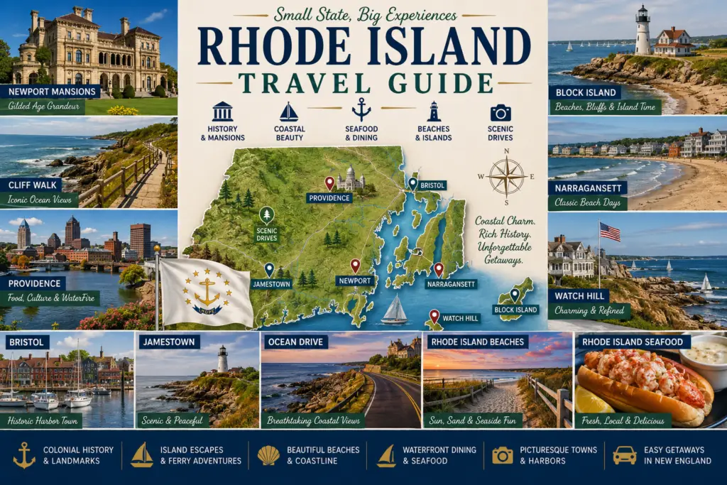 Premium Rhode Island travel guide collage with Newport Mansions Providence Block Island Narragansett Watch Hill Bristol Jamestown beaches seafood green topographical state map and Rhode Island flag