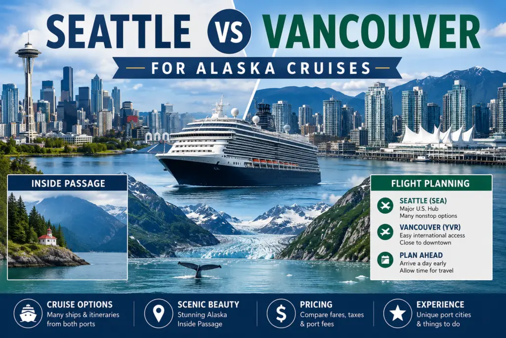 Premium Seattle vs Vancouver Alaska cruise comparison collage with cruise ship Alaska scenery Inside Passage Seattle skyline Vancouver skyline and flight planning details
