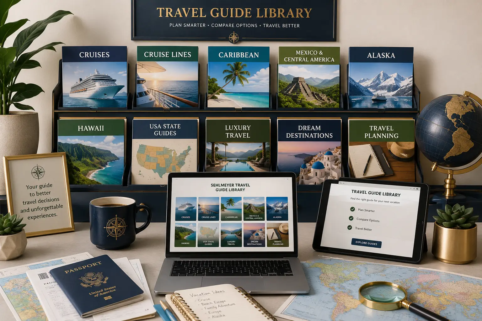 Premium Sehlmeyer Travel guide library with organized destination cruise USA Caribbean Hawaii Alaska luxury and travel planning resources