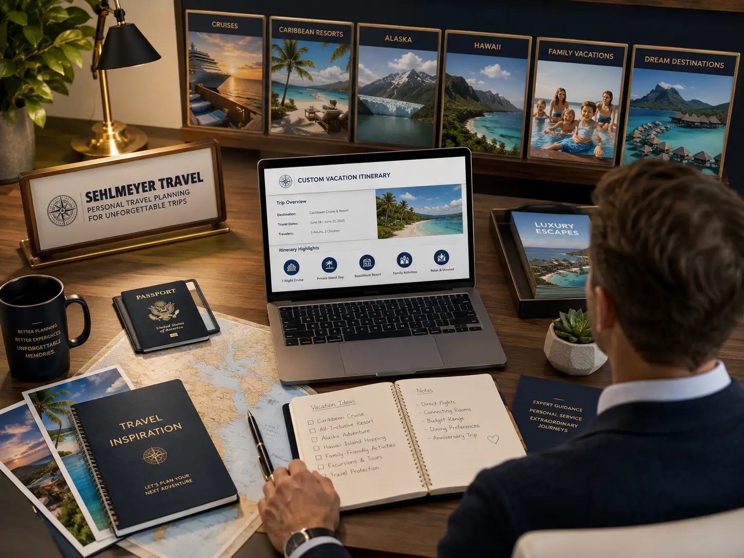 Premium travel advisor planning desk with Sehlmeyer Travel logo itinerary laptop cruise resort Alaska Hawaii Caribbean and family vacation inspiration