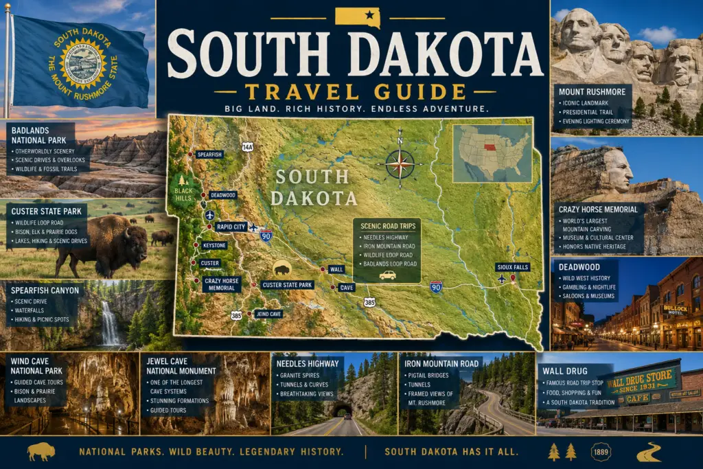 Premium South Dakota travel guide collage with topographical state map, South Dakota flag, Mount Rushmore, Badlands National Park, Custer State Park bison, Black Hills, Deadwood, Spearfish Canyon, Crazy Horse Memorial, and scenic road trip callouts
