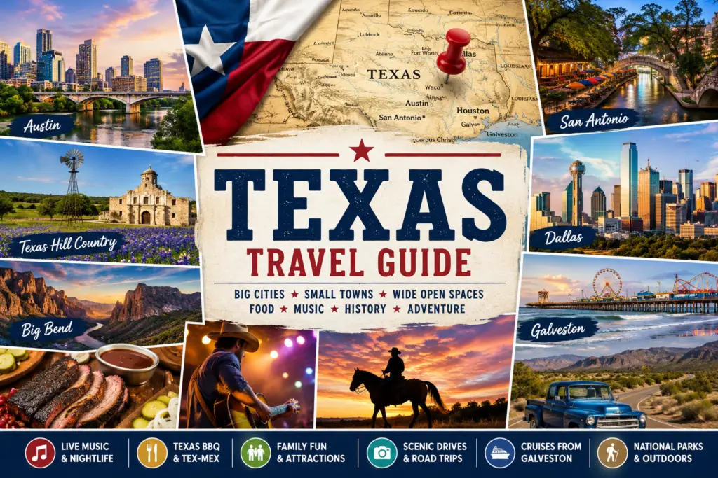 Premium Texas travel guide collage with pinned Texas map state flag Austin San Antonio Dallas Houston Galveston Hill Country Big Bend food music and road trip scenes