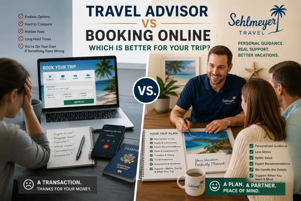 Split travel planning scene comparing an impersonal online booking screen with personal vacation guidance from Sehlmeyer Travel