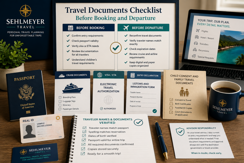Organized travel document checklist with passport book, REAL ID, cruise documents, visas, entry forms, child travel paperwork, and verified traveler names