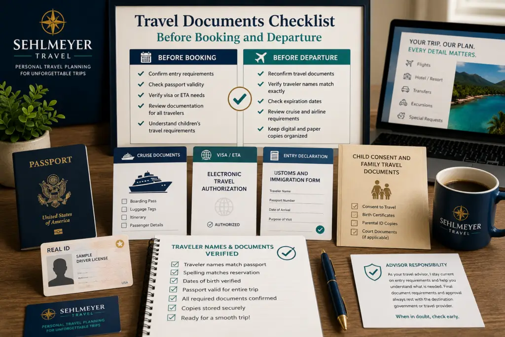 Organized travel document checklist with passport book, REAL ID, cruise documents, visas, entry forms, child travel paperwork, and verified traveler names
