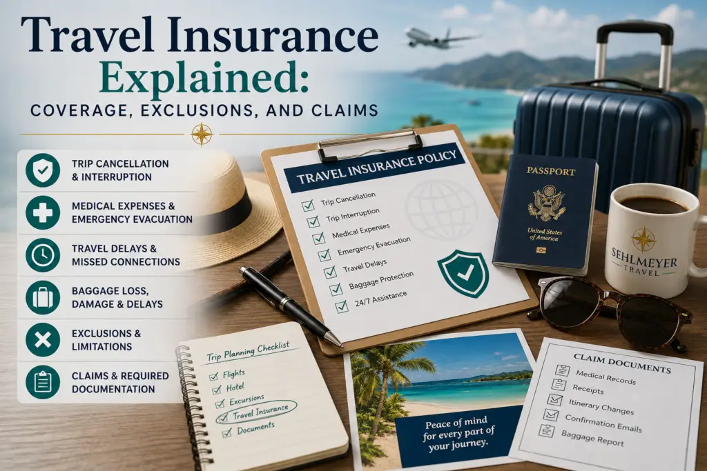 Travel insurance comparison showing trip cancellation, interruption, medical evacuation, delays, baggage, exclusions, and claim documentation