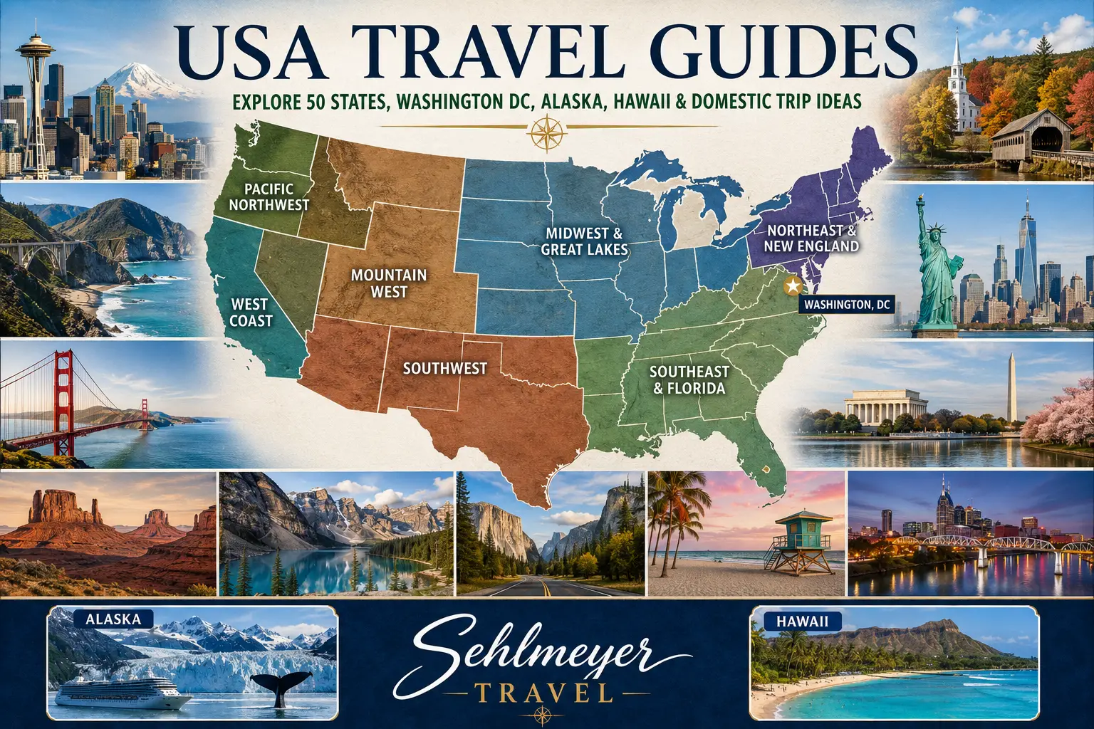 USA travel planning collage with United States map, regional destinations, cities, beaches, national parks, Great Lakes, Alaska and Hawaii