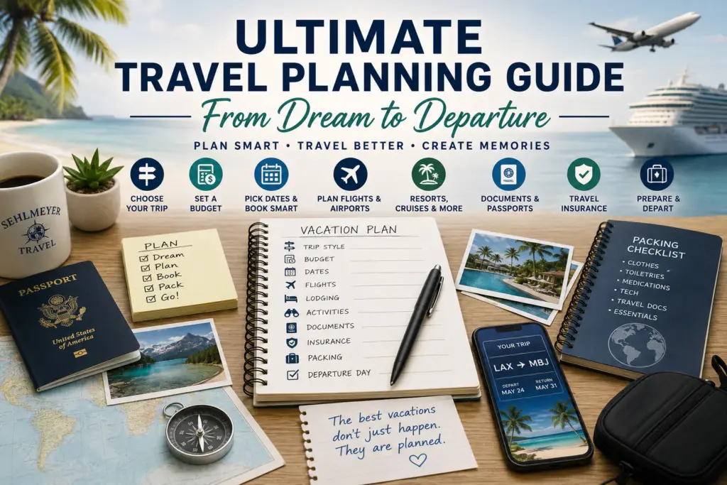 Organized vacation planning guide covering trip style, budget, booking timing, flights, resorts, cruises, documents, insurance, and departure preparation