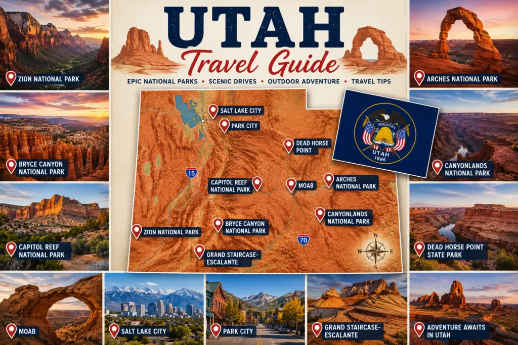 Premium Utah travel guide collage with red rock topographical Utah map destination pins Zion Arches Bryce Canyon Canyonlands Capitol Reef Moab Salt Lake City Park City Grand Staircase Escalante Dead Horse Point and state flag