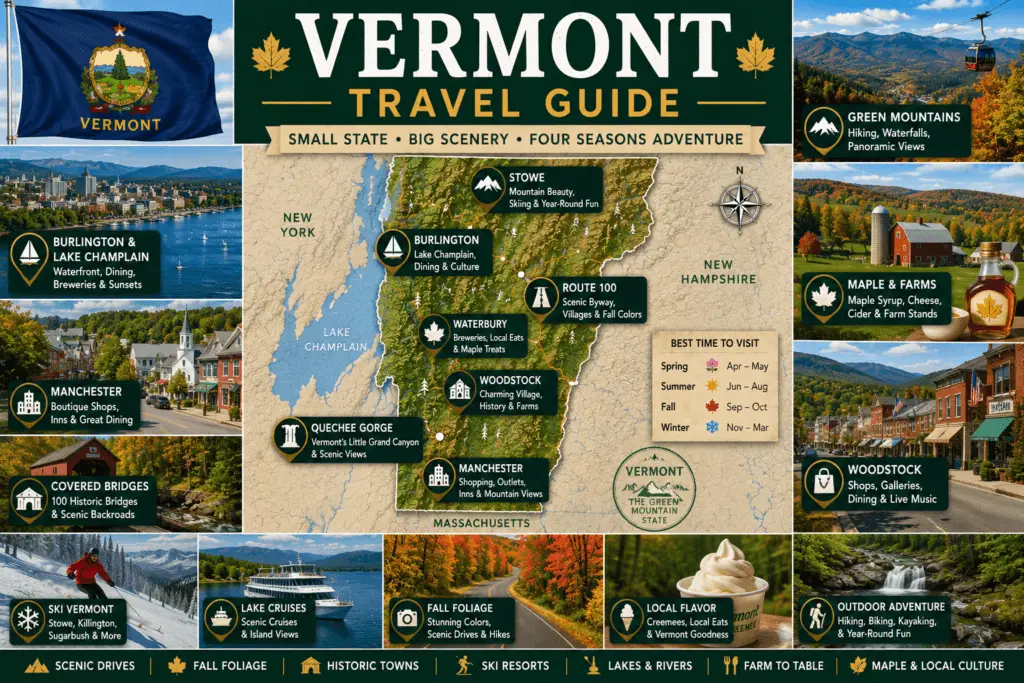 Premium Vermont travel guide collage with pinned state map Stowe Burlington Lake Champlain Route 100 Woodstock Manchester covered bridges maple farms fall foliage and Vermont flag