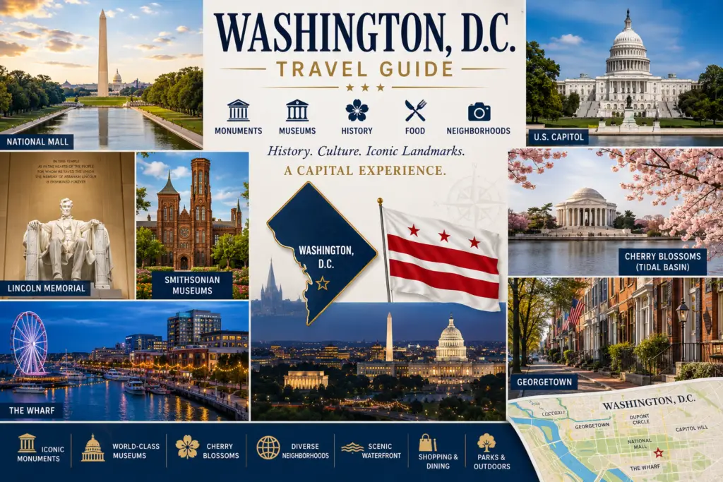 Premium Washington D.C. travel guide collage with National Mall monuments Smithsonian Museums Georgetown The Wharf cherry blossoms Capitol skyline D.C. map and D.C. flag
