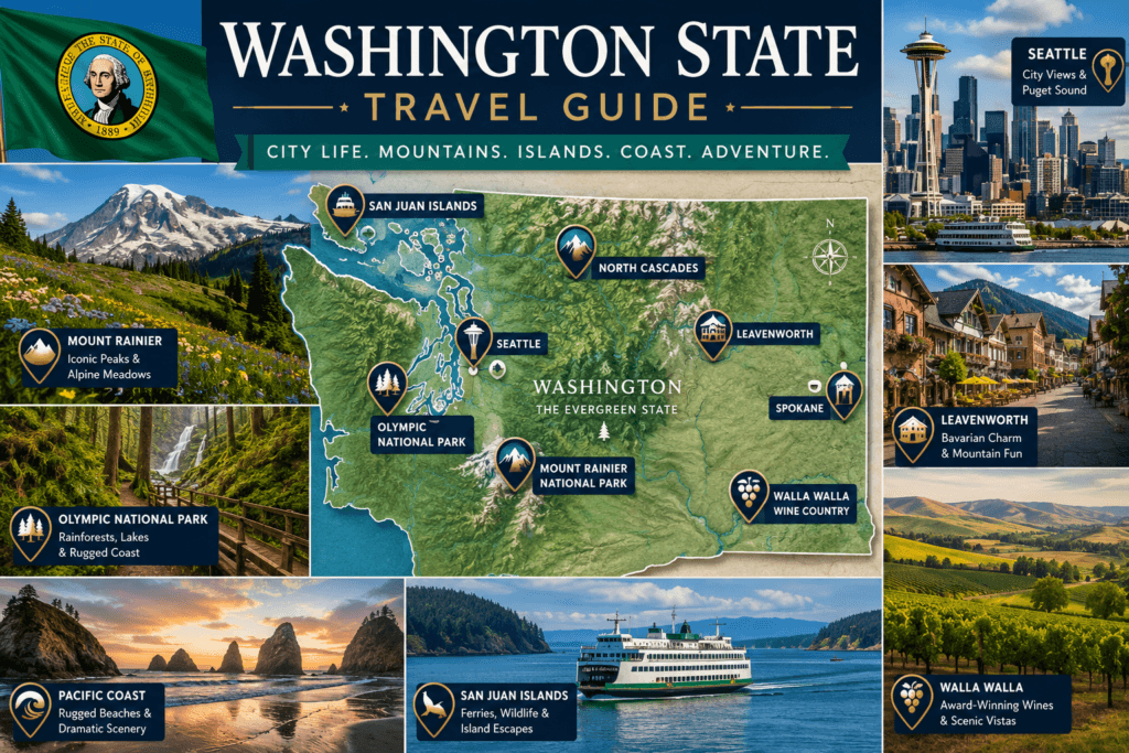 Premium Washington State travel guide collage with pinned state map Seattle Mount Rainier Olympic National Park San Juan Islands Leavenworth Pacific coast and Washington flag