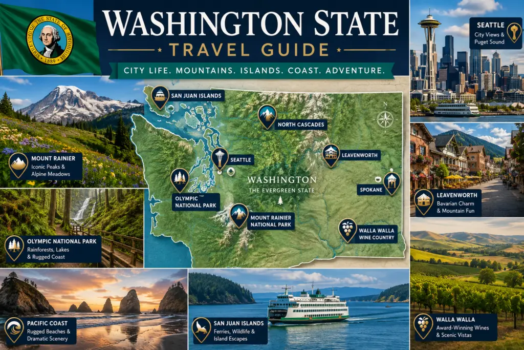 Premium Washington State travel guide collage with pinned state map Seattle Mount Rainier Olympic National Park San Juan Islands Leavenworth Pacific coast and Washington flag