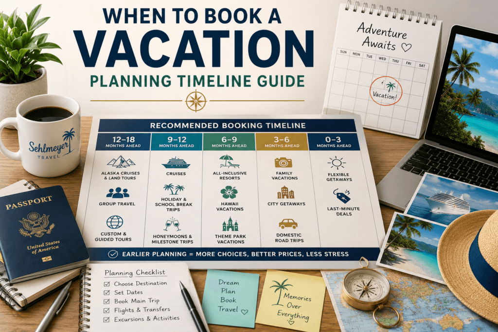 Travel planning calendar showing recommended booking timelines for cruises, resorts, family vacations, Alaska, Hawaii, and holiday trips