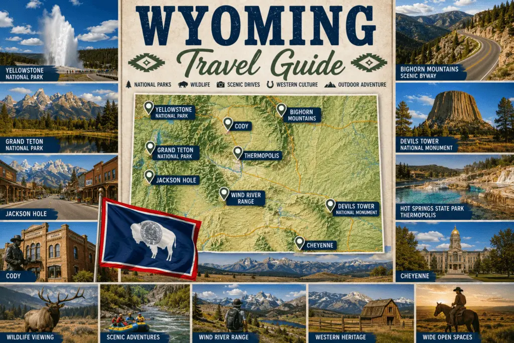 Premium Wyoming travel guide collage with green topographical Wyoming map destination pins Yellowstone Grand Teton Jackson Hole Cody Bighorn Mountains Wind River Range Thermopolis Cheyenne Devils Tower and state flag