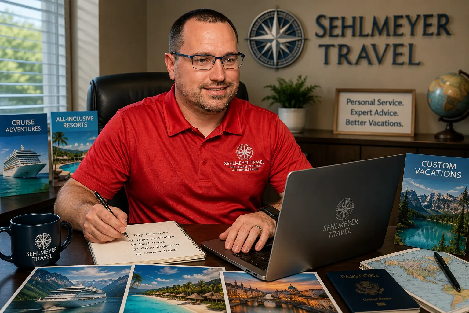 Matt Sehlmeyer reviewing cruise, resort, and vacation options for a client as part of Sehlmeyer Travel’s personal trip-planning service