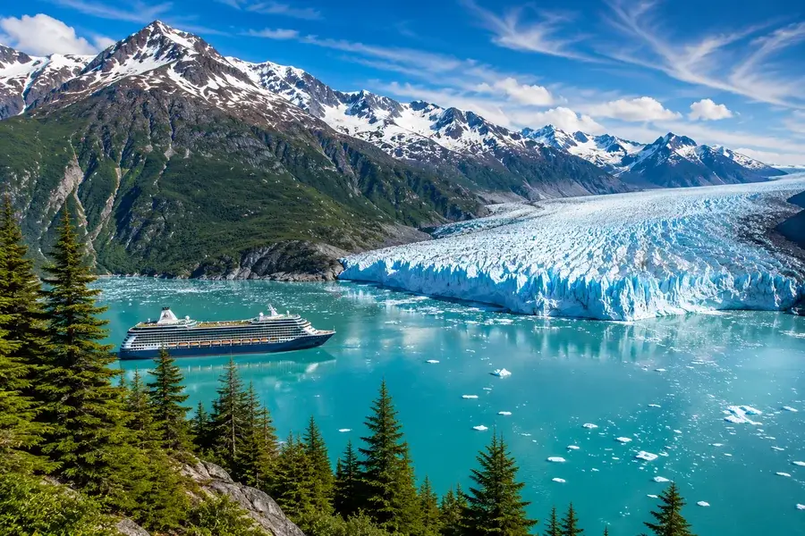 Alaska glacier mountains and cruise ship representing Alaska cruise and land vacation planning