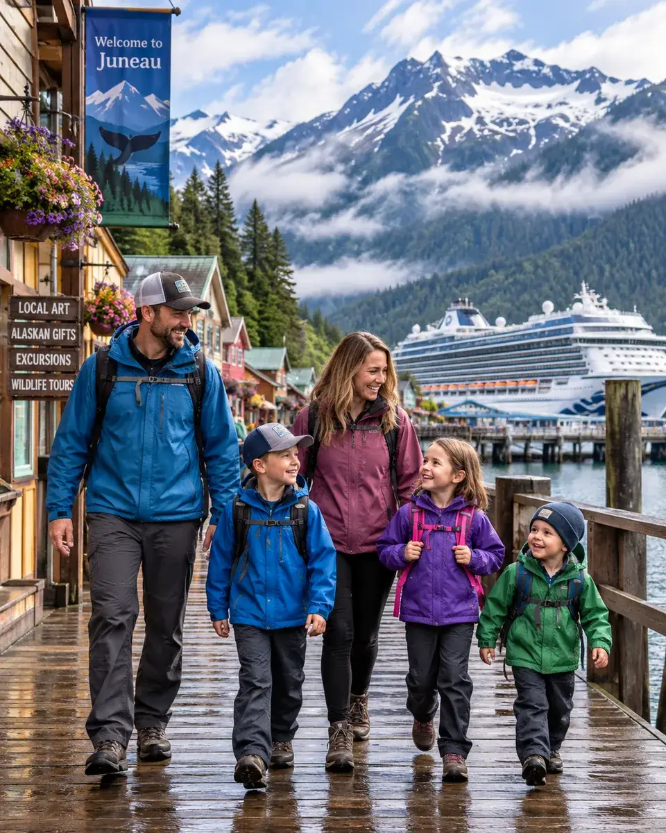Multigenerational family enjoying an Alaska vacation together surrounded by mountains, water, and dramatic wilderness scenery
