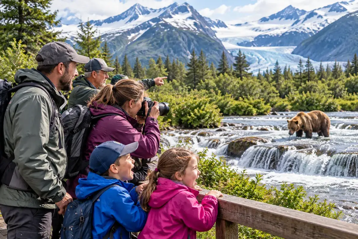 Travelers experiencing scenic Alaska with mountains, wilderness, glaciers, and expansive natural landscapes