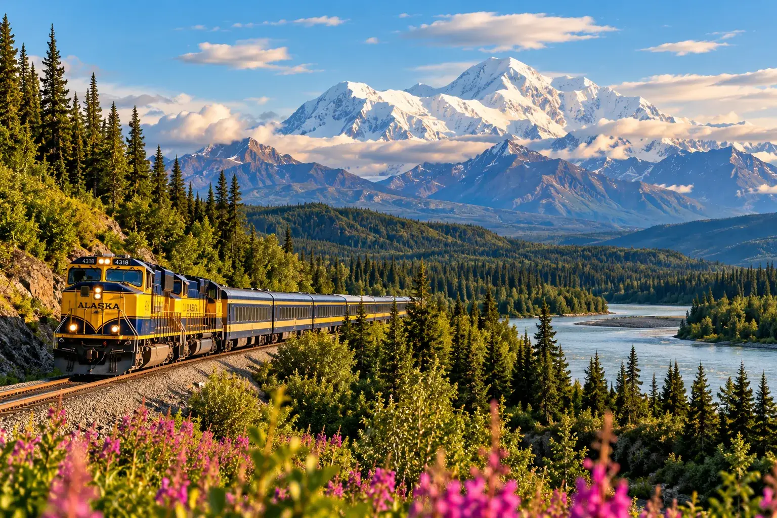 Alaska Railroad train traveling through vast mountain wilderness beside a glacial river, dense forest, wildflowers, and snow-covered peaks