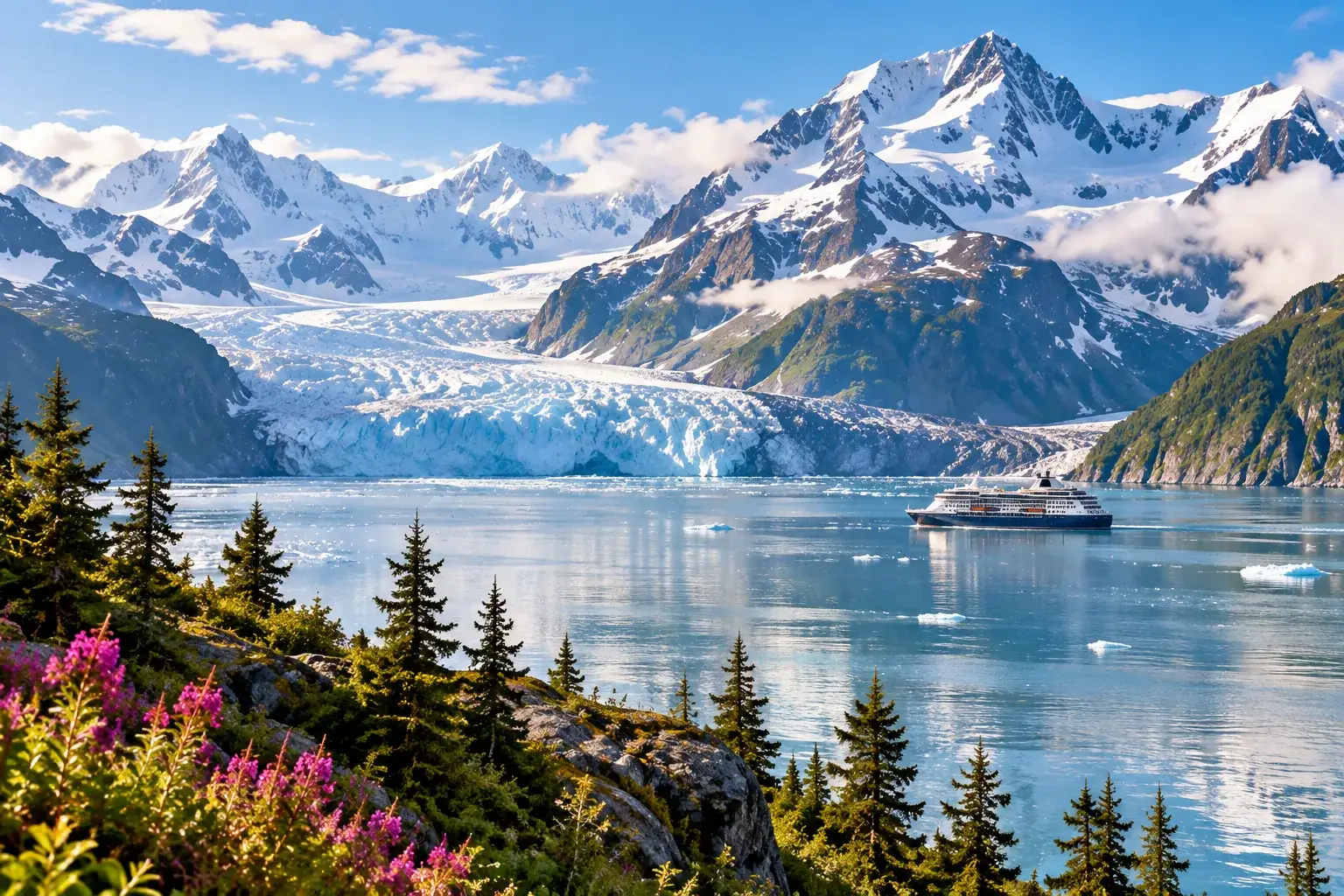 Vast Alaska landscape with towering mountains, glacier scenery, broad water, and a small ship emphasizing the enormous scale of the destination