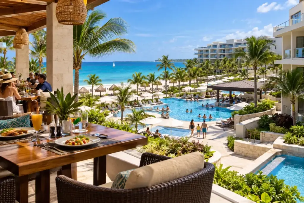 Upscale tropical all-inclusive resort with a swimmable turquoise beach, large pools, landscaped grounds, modern guest-room buildings, and open-air dining areas with travelers enjoying the property