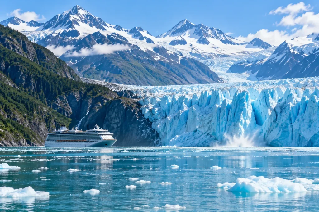 Modern cruise ship sailing beside a massive blue glacier and snow-covered Alaska mountains with ice-filled water in clear daylight