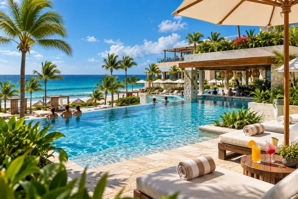 Upscale all-inclusive resort in Mexico with an infinity pool overlooking turquoise Caribbean water, tropical landscaping, modern architecture, and travelers relaxing in bright daytime