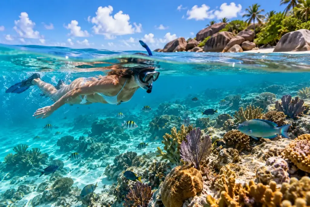 Traveler snorkeling above a colorful tropical reef in clear turquoise Caribbean water with tropical fish, coral, and a palm-lined island coastline