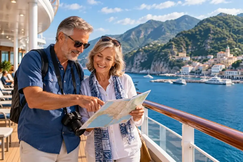 Mature couple reviewing a map together on a cruise ship deck overlooking blue water, a coastal town, and green mountains