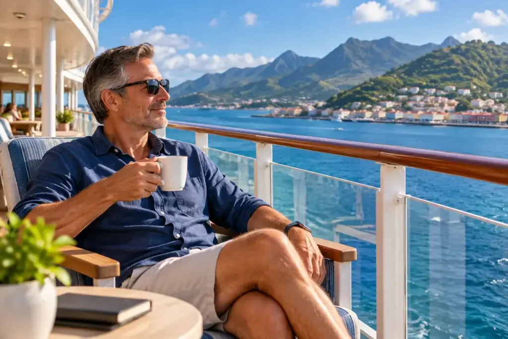 Solo traveler relaxing with coffee on a modern cruise ship deck overlooking turquoise water, a coastal town, and green mountains