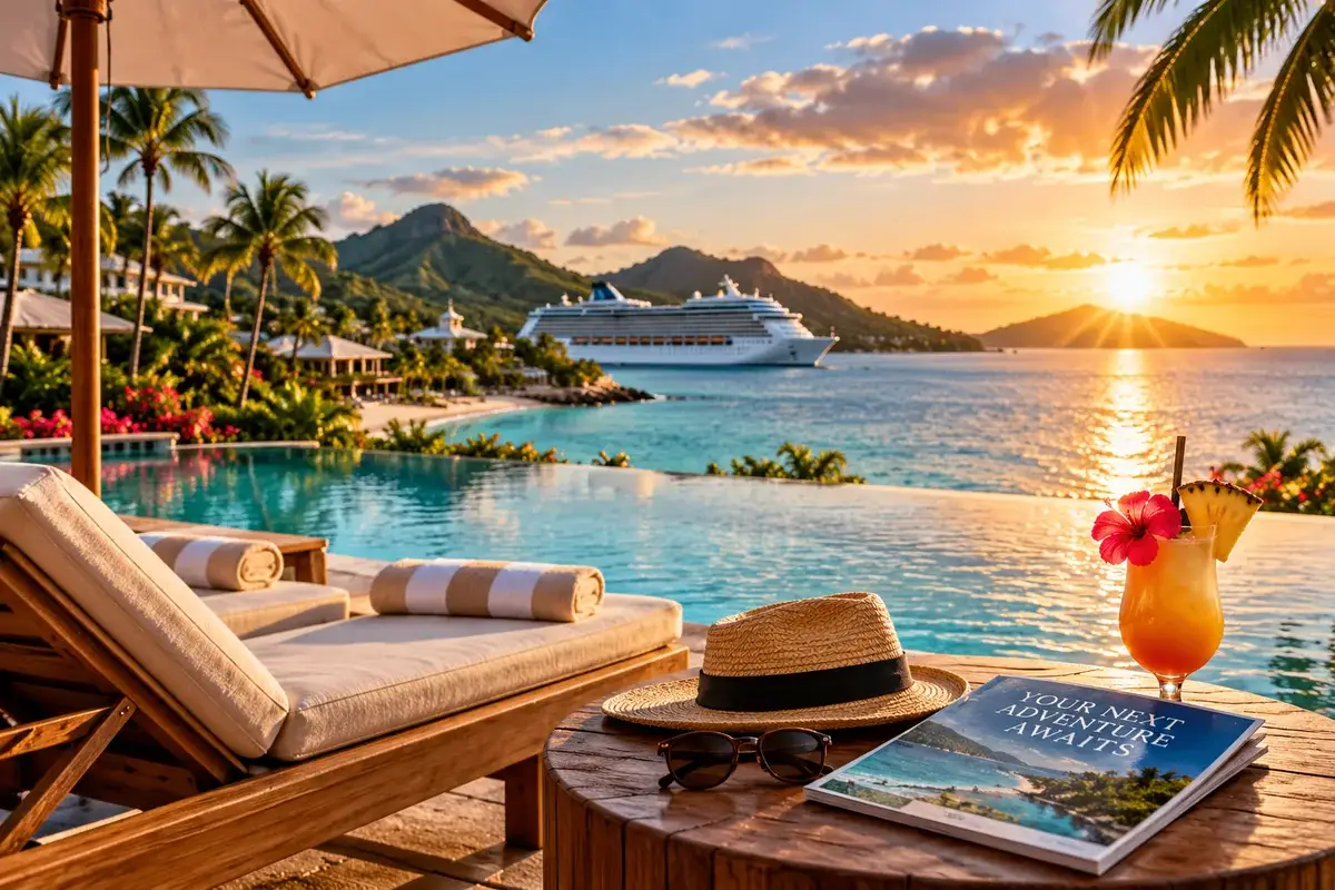Vacation inspiration with tropical resort and cruise travel representing online vacation booking with Sehlmeyer Travel