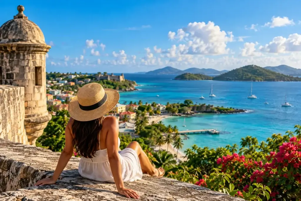 Traveler overlooking turquoise Caribbean water, tropical coastline, colorful island buildings, and sailboats from a historic coastal viewpoint