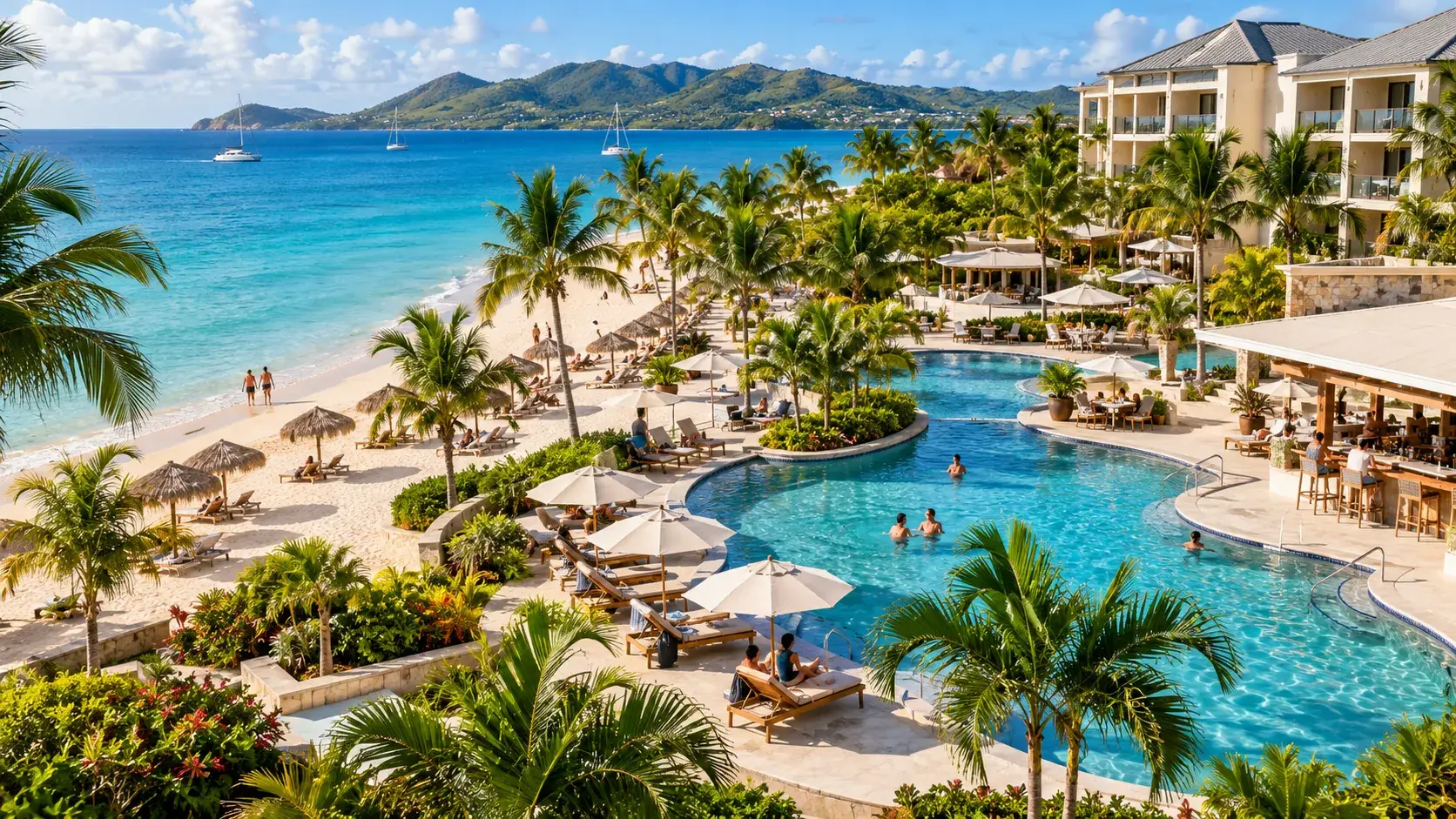 Caribbean beachfront resort showing the beach, pool, guest rooms, dining areas, and travelers enjoying the property