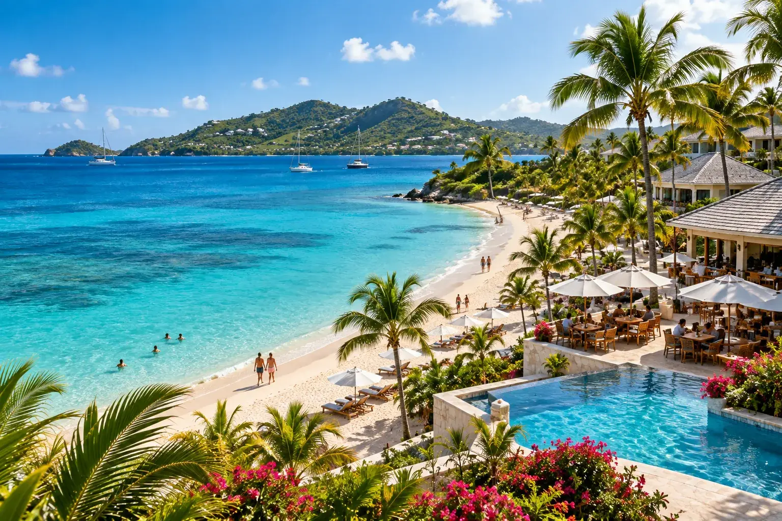 Turquoise Caribbean shoreline beside an upscale beach resort with palm trees and travelers enjoying the coast