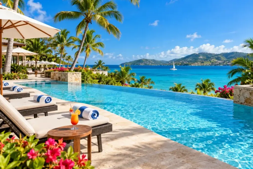 Bright Caribbean resort with an infinity pool, tropical palms, turquoise ocean, sailboat, and lush island scenery in full daytime sun