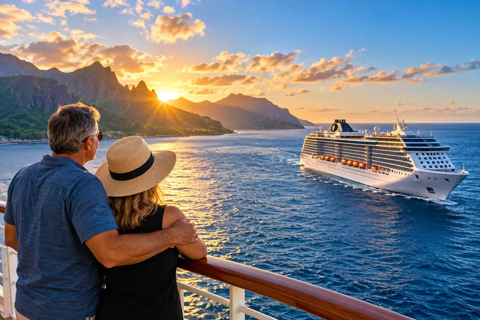 Couple overlooking a modern cruise ship sailing past a dramatic tropical island coastline at golden hour