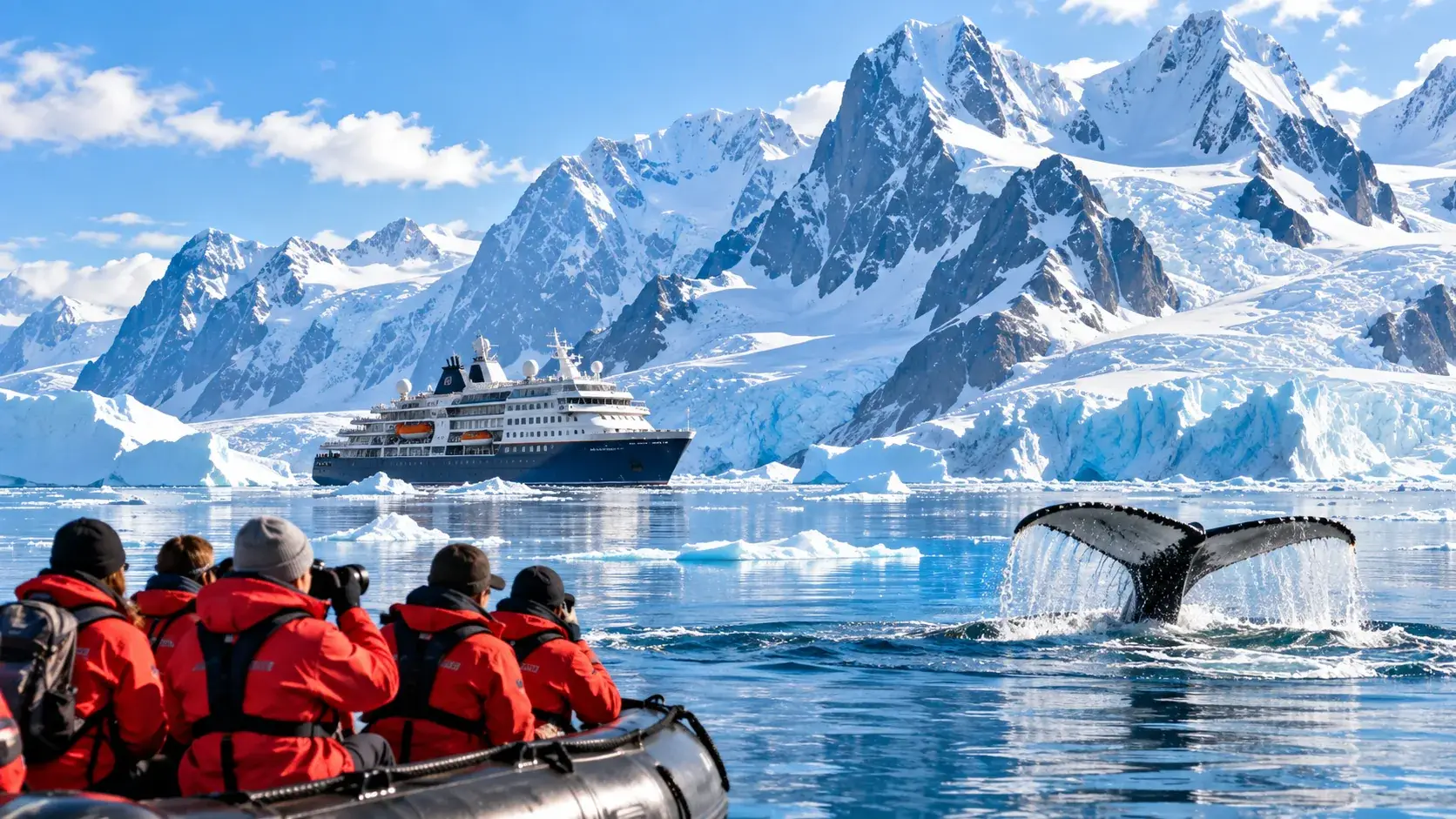 Small expedition vessel beneath immense snow-covered mountains and glaciers with travelers exploring a remote polar landscape