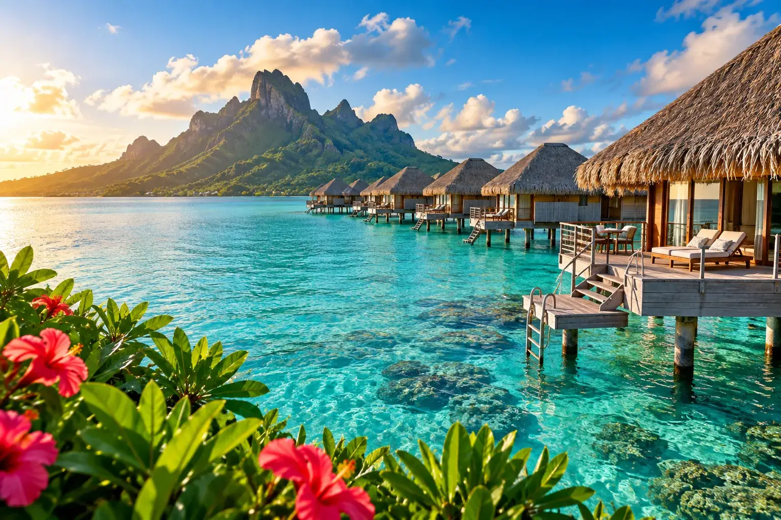Turquoise tropical lagoon with overwater villas, lush island terrain, and dramatic mountains in a remote dream destination