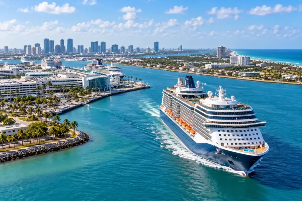 Modern cruise ship departing a Florida cruise terminal through bright blue water with palm-lined coastline, beaches, and a coastal skyline