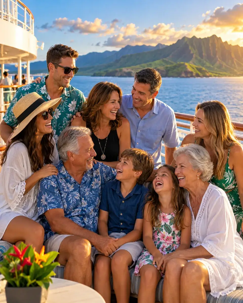Multigenerational family enjoying time together on a modern cruise ship deck with ocean views and a tropical island coastline at sunset