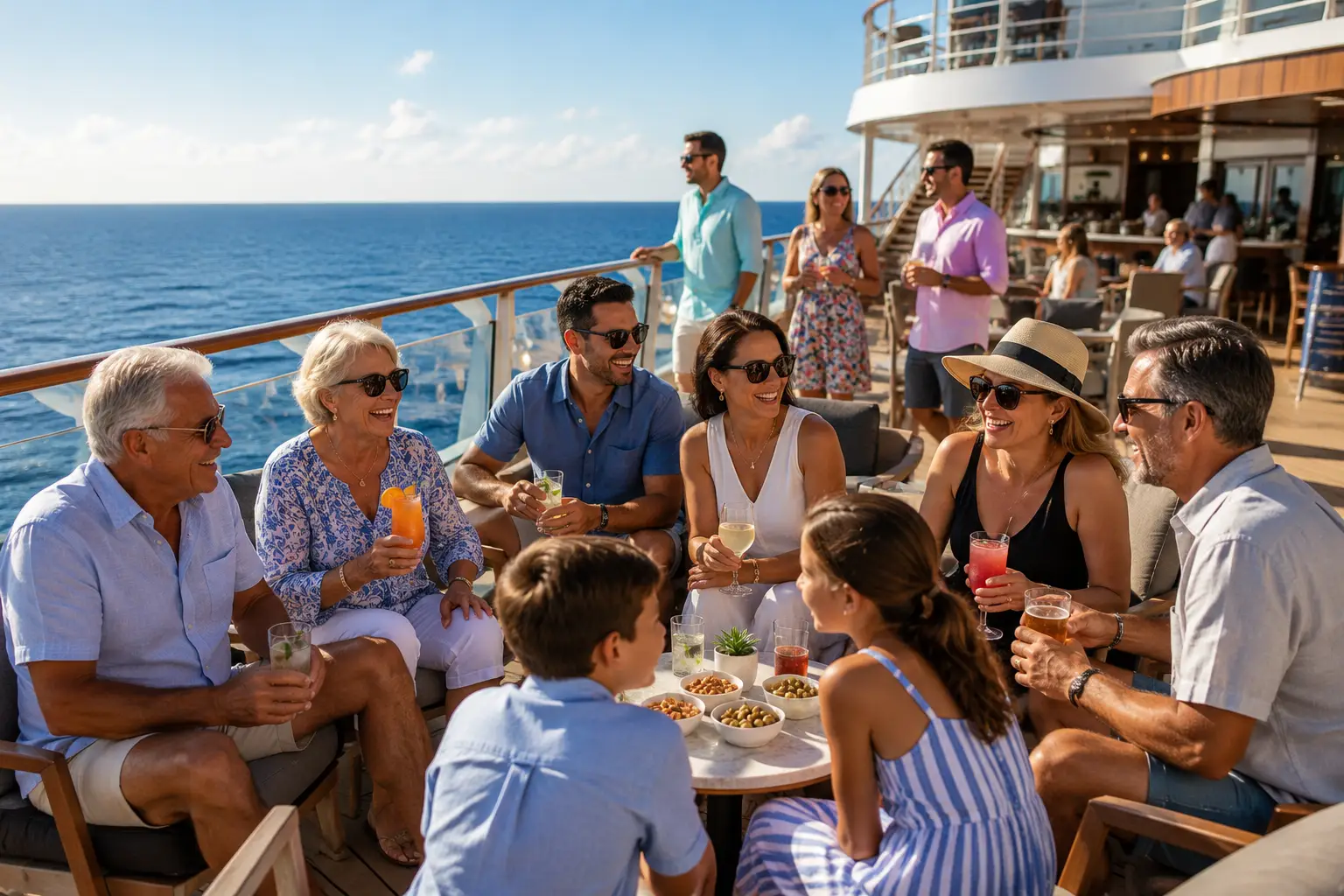 Family and friends enjoying time together on the outdoor deck of a cruise ship overlooking the ocean
