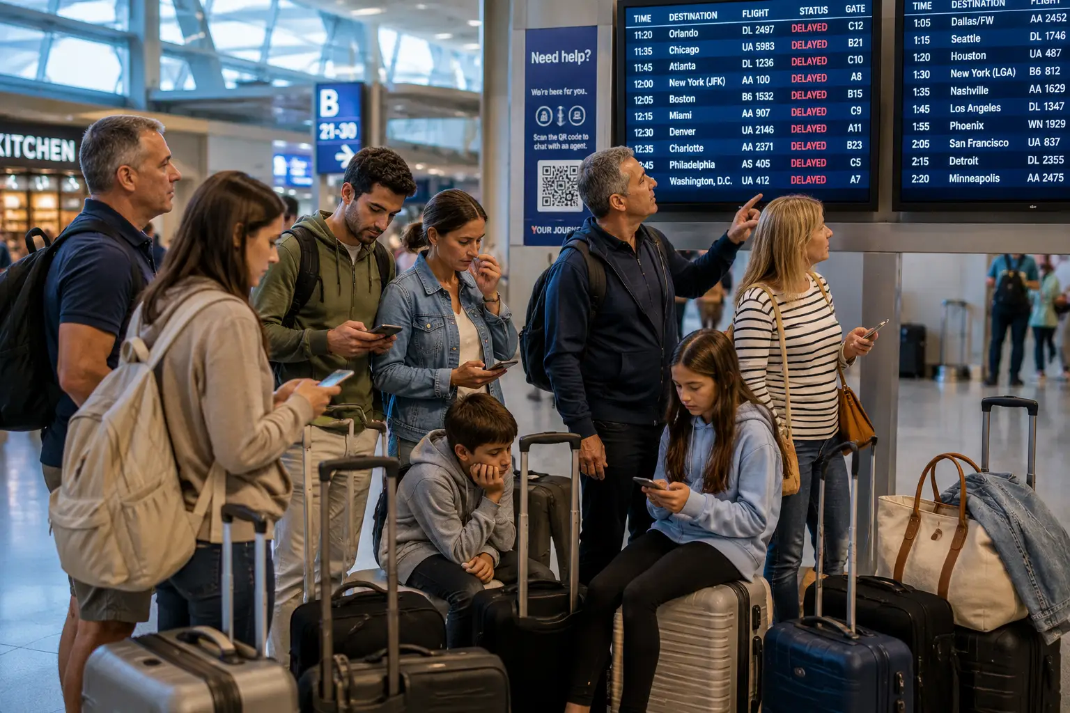 Family and friends at an airport checking phones and departure boards during a flight delay with luggage nearby