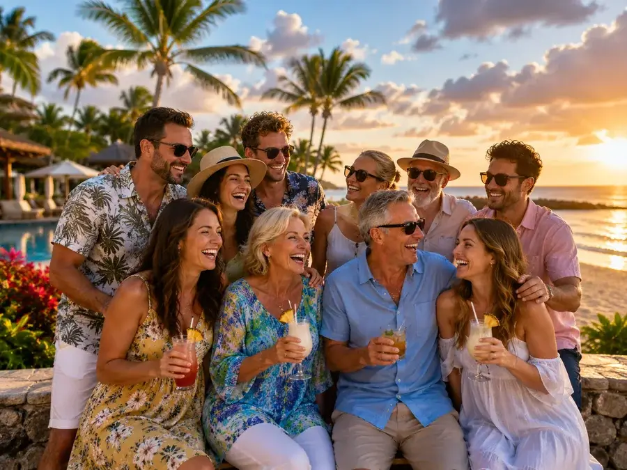 Family and friends enjoying a group vacation together at a tropical resort