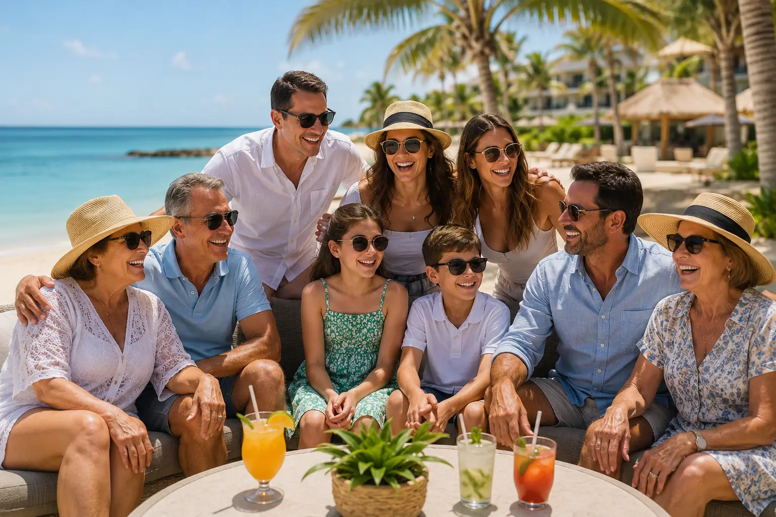 Multi-generational family and friends enjoying a tropical beach resort vacation together